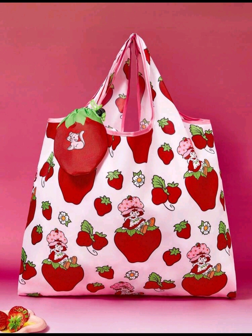 Pink Strawberry Shortcake Print Reusable Tote Bag